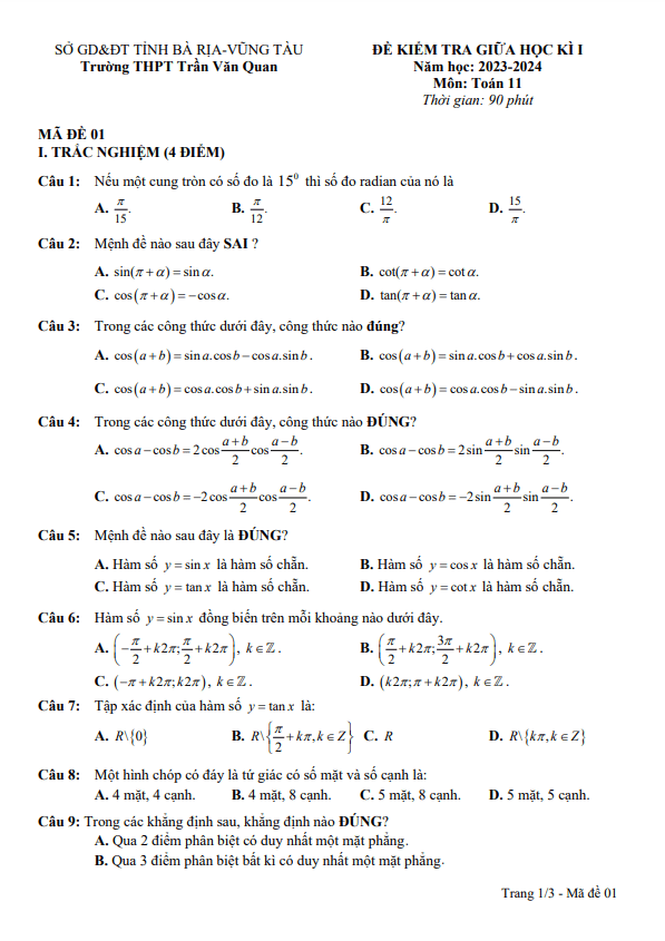 Đề thi giữa học kì 1 (HK1) lớp 11 môn Toán năm 2023 2024 trường THPT Trần Văn Quan BR VT