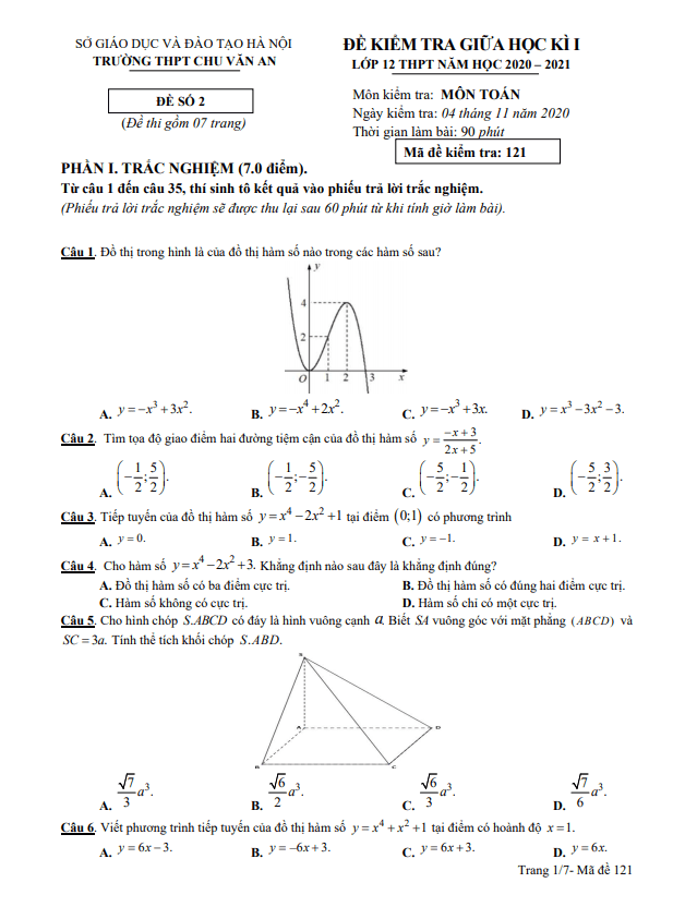 Đề thi giữa học kì 1 (HK1) lớp 12 môn Toán năm 2020 2021 trường THPT Chu Văn An Hà Nội