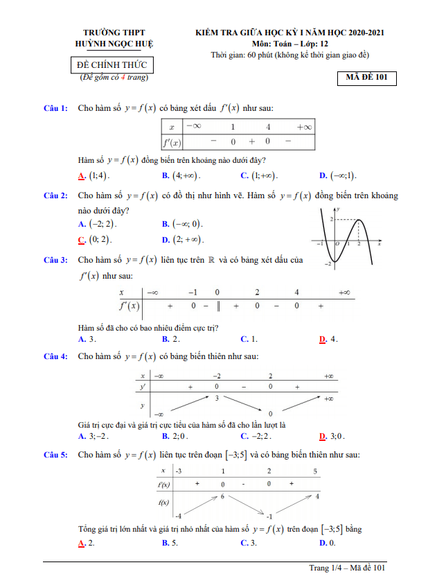 Đề thi giữa học kì 1 (HK1) lớp 12 môn Toán năm 2020 2021 trường THPT Huỳnh Ngọc Huệ Quảng Nam