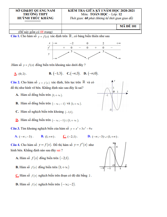Đề thi giữa học kì 1 (HK1) lớp 12 môn Toán năm 2020 2021 trường THPT Huỳnh Thúc Kháng Quảng Nam