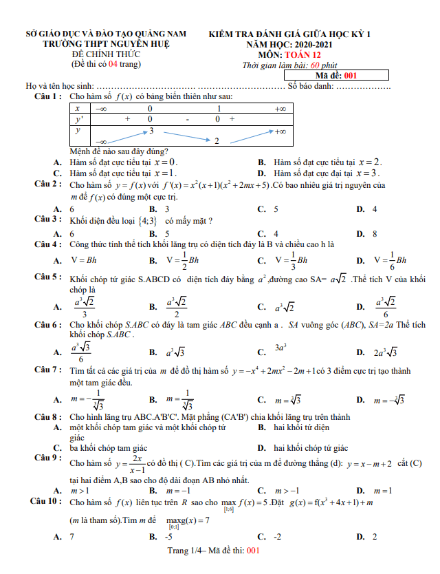 Đề thi giữa học kì 1 (HK1) lớp 12 môn Toán năm 2020 2021 trường THPT Nguyễn Huệ Quảng Nam