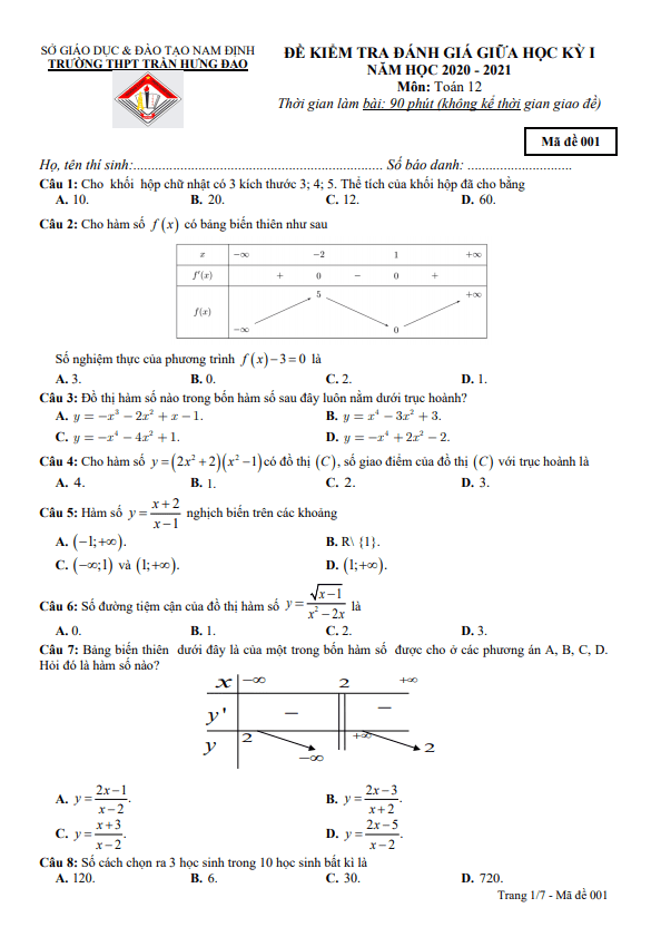 Đề thi giữa học kì 1 (HK1) lớp 12 môn Toán năm 2020 2021 trường THPT Trần Hưng Đạo Nam Định