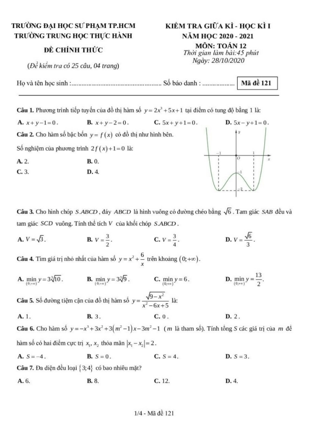 Đề thi giữa học kì 1 (HK1) lớp 12 môn Toán năm 2020 2021 trường Trung học Thực hành ĐHSP TP HCM