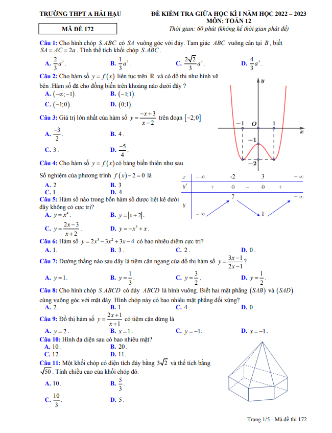 Đề thi giữa học kì 1 (HK1) lớp 12 môn Toán năm 2022 2023 trường THPT A Hải Hậu Nam Định