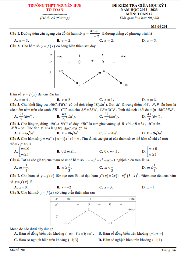 Đề thi giữa học kì 1 (HK1) lớp 12 môn Toán năm 2022 2023 trường THPT Nguyễn Huệ Phú Yên