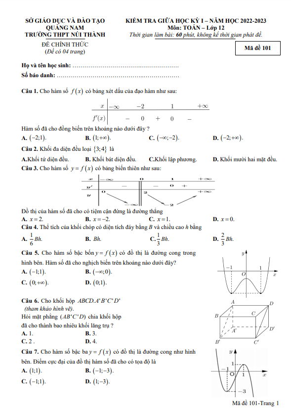 Đề thi giữa học kì 1 (HK1) lớp 12 môn Toán năm 2022 2023 trường THPT Núi Thành Quảng Nam