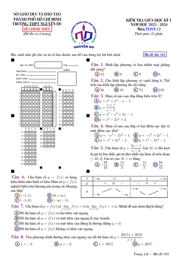 Đề thi giữa học kì 1 (HK1) lớp 12 môn Toán năm 2023 2024 trường THPT Nguyễn Du TP HCM