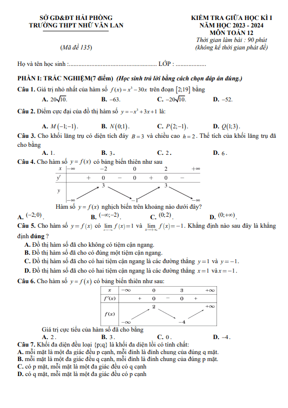 Đề thi giữa học kì 1 (HK1) lớp 12 môn Toán năm 2023 2024 trường THPT Nhữ Văn Lan Hải Phòng