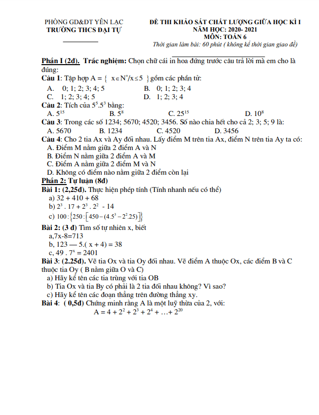 Đề thi giữa học kì 1 (HK1) lớp 6 môn Toán năm 2020 2021 trường THCS Đại Tự Vĩnh Phúc