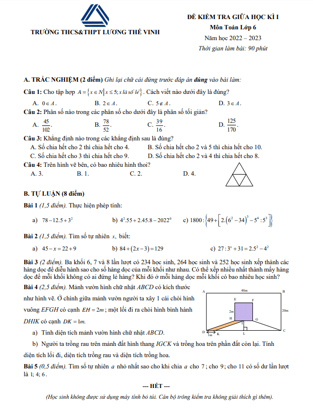 Đề thi giữa học kì 1 (HK1) lớp 6 môn Toán năm 2022 2023 trường Lương Thế Vinh Hà Nội