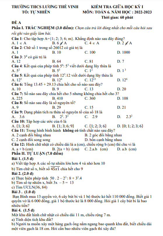 Đề thi giữa học kì 1 (HK1) lớp 6 môn Toán năm 2022 2023 trường THCS Lương Thế Vinh Quảng Nam