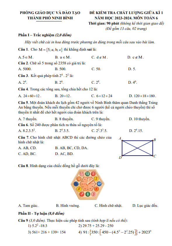 Đề thi giữa học kì 1 (HK1) lớp 6 môn Toán năm 2023 2024 phòng GD ĐT thành phố Ninh Bình