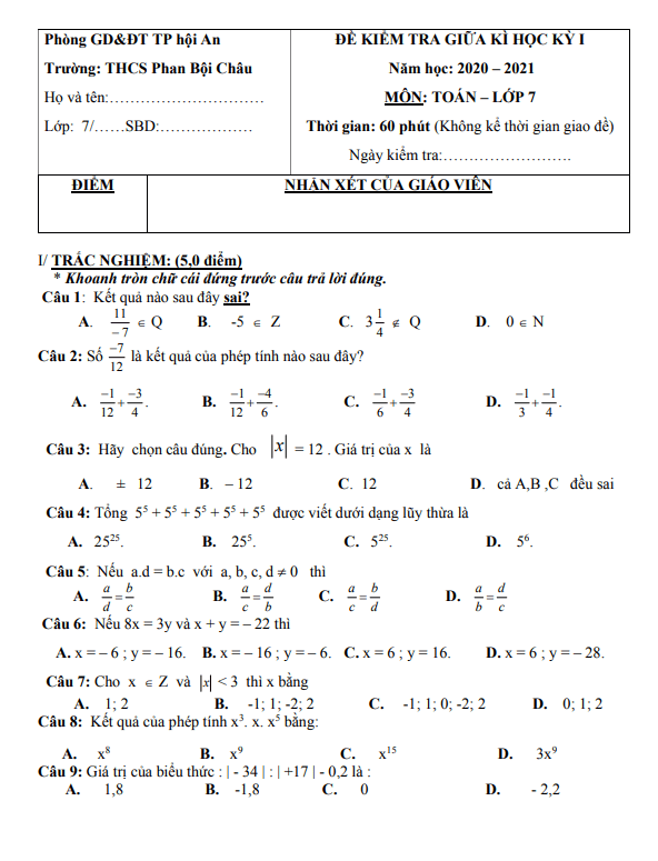 Đề thi giữa học kì 1 (HK1) lớp 7 môn Toán năm 2020 2021 trường THCS Phan Bội Châu Quảng Nam