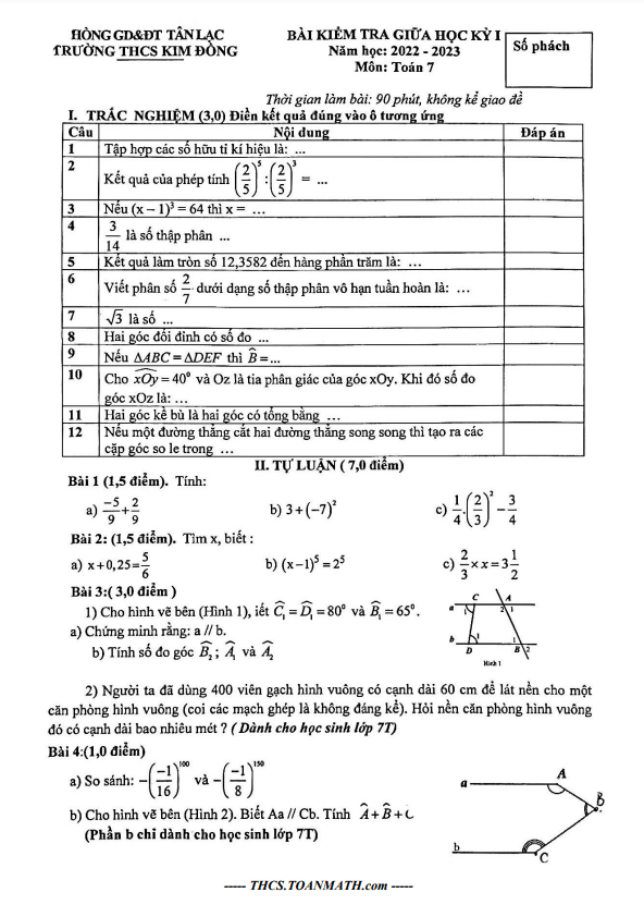 Đề thi giữa học kì 1 (HK1) lớp 7 môn Toán năm 2022 2023 trường THCS Kim Đồng Hòa Bình