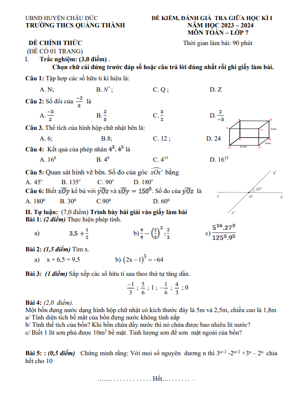 Đề thi giữa học kì 1 (HK1) lớp 7 môn Toán năm 2023 2024 trường THCS Quảng Thành BR VT
