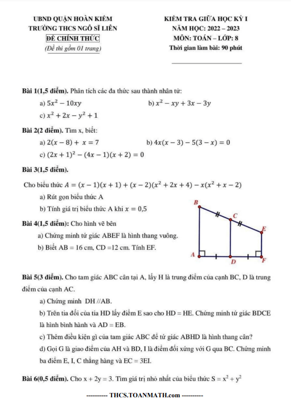Đề thi giữa học kì 1 (HK1) lớp 8 môn Toán năm 2022 2023 trường THCS Ngô Sĩ Liên Hà Nội