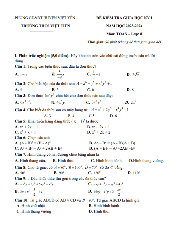 Đề thi giữa học kì 1 (HK1) lớp 8 môn Toán năm 2023 2024 trường THCS Việt Tiến Bắc Giang