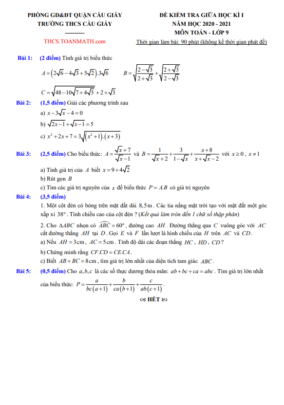 Đề thi giữa học kì 1 (HK1) lớp 9 môn Toán năm 2020 2021 trường THCS Cầu Giấy Hà Nội