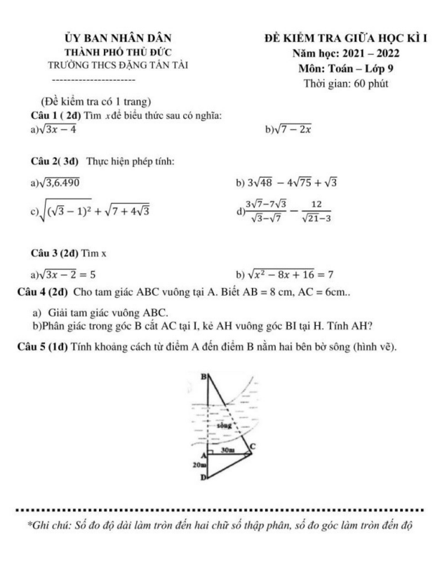 Đề thi giữa học kì 1 (HK1) lớp 9 môn Toán năm 2021 2022 trường THCS Đặng Tấn Tài TP HCM