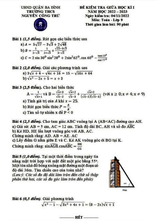 Đề thi giữa học kì 1 (HK1) lớp 9 môn Toán năm 2022 2023 trường THCS Nguyễn Công Trứ Hà Nội