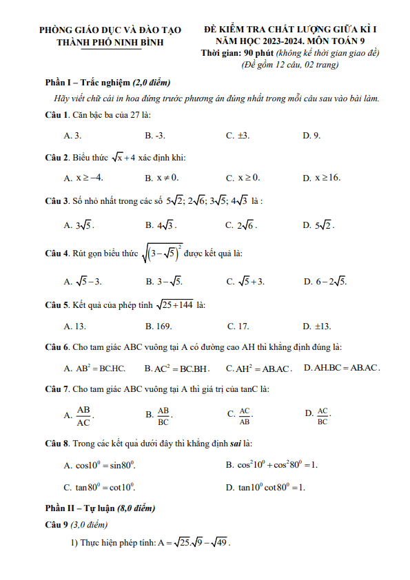 Đề thi giữa học kì 1 (HK1) lớp 9 môn Toán năm 2023 2024 phòng GD ĐT thành phố Ninh Bình