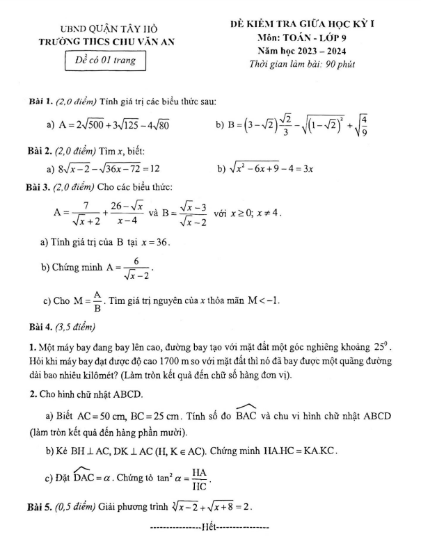 Đề thi giữa học kì 1 (HK1) lớp 9 môn Toán năm 2023 2024 trường THCS Chu Văn An Hà Nội