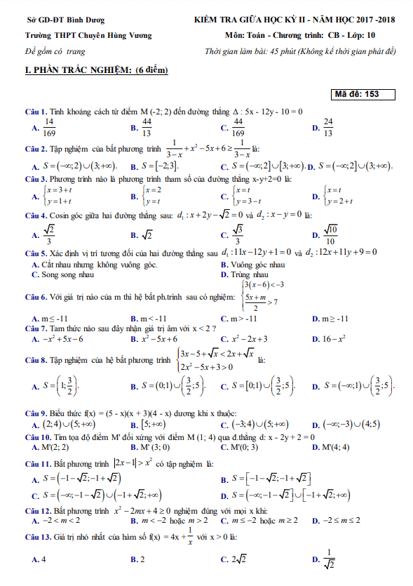 Đề thi giữa học kì 2 (HK2) lớp 10 môn Toán CB năm 2017 2018 trường chuyên Hùng Vương Bình Dương
