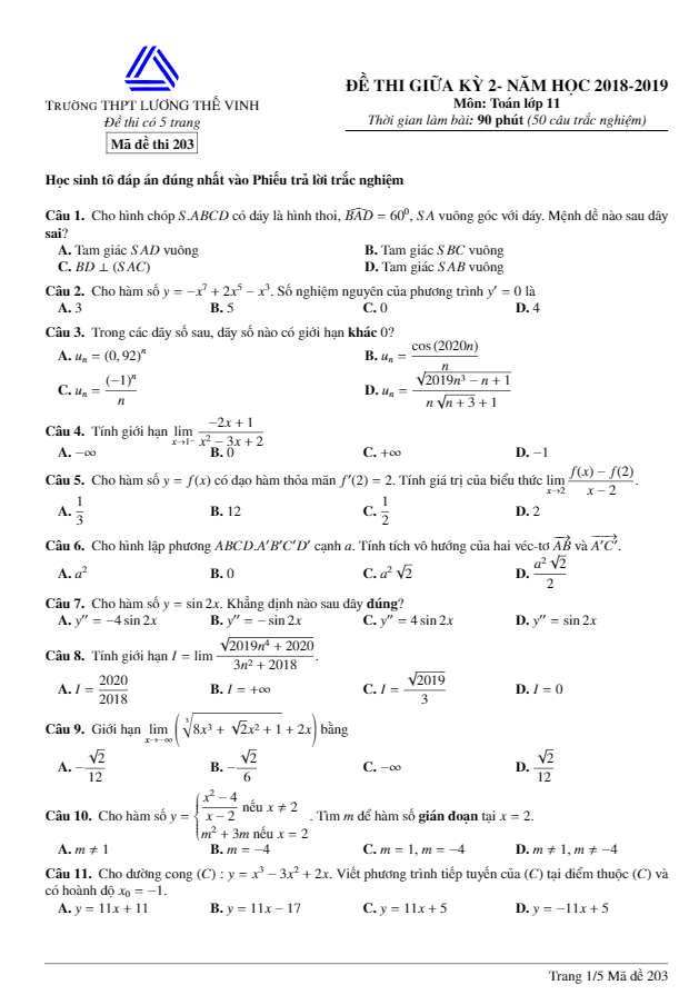 Đề thi giữa học kì 2 (HK2) lớp 11 môn Toán năm 2018 2019 trường Lương Thế Vinh Hà Nội