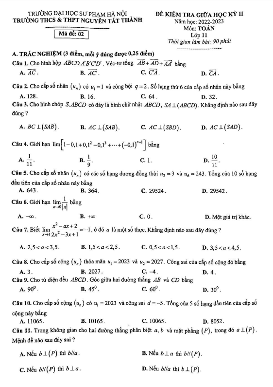 Đề thi giữa học kì 2 (HK2) lớp 11 môn Toán năm 2022 2023 trường Nguyễn Tất Thành Hà Nội
