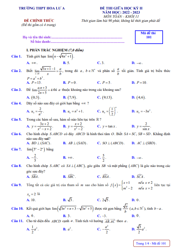 Đề thi giữa học kì 2 (HK2) lớp 11 môn Toán năm 2022 2023 trường THPT Hoa Lư A Ninh Bình