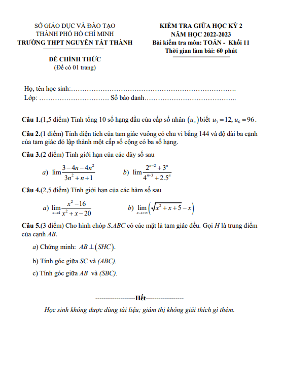 Đề thi giữa học kì 2 (HK2) lớp 11 môn Toán năm 2022 2023 trường THPT Nguyễn Tất Thành TP HCM