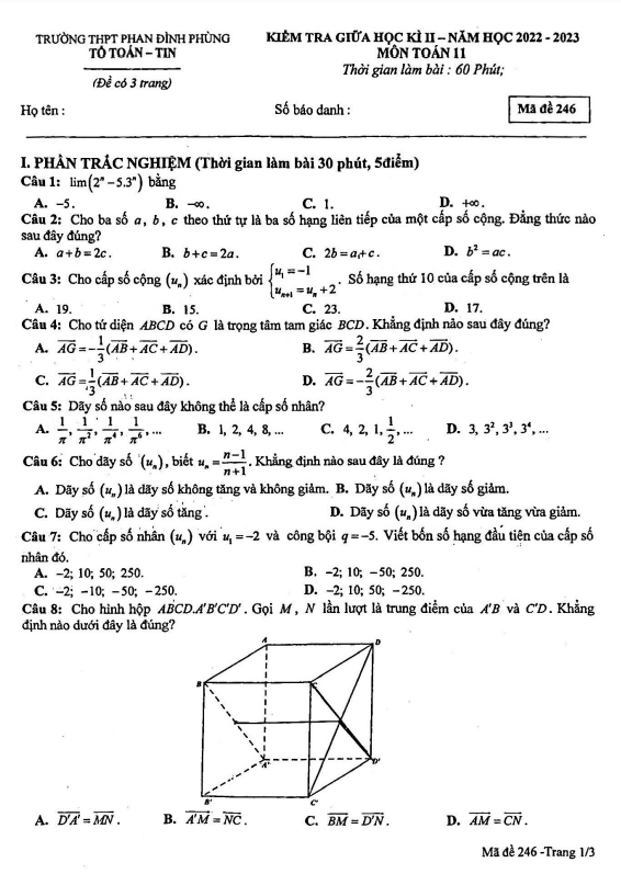 Đề thi giữa học kì 2 (HK2) lớp 11 môn Toán năm 2022 2023 trường THPT Phan Đình Phùng Hà Nội