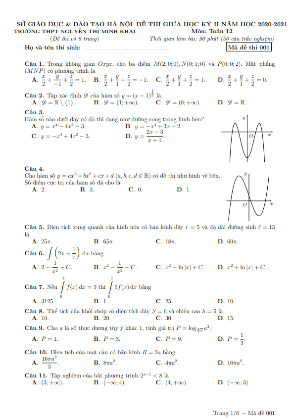 Đề thi giữa học kì 2 (HK2) lớp 12 môn Toán năm 2020 2021 trường Nguyễn Thị Minh Khai Hà Nội