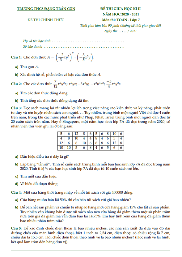 Đề thi giữa học kì 2 (HK2) lớp 7 môn Toán năm 2020 2021 trường THCS Đặng Trần Côn TP HCM