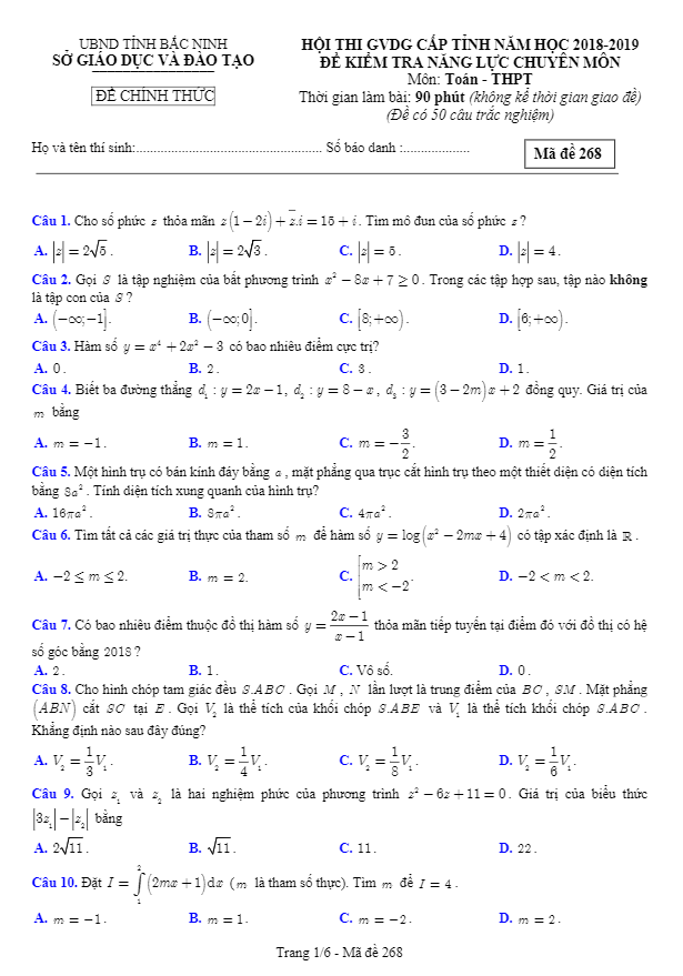 Đề thi GVDG cấp tỉnh năm học 2018 2019 môn Toán THPT sở GD và ĐT Bắc Ninh