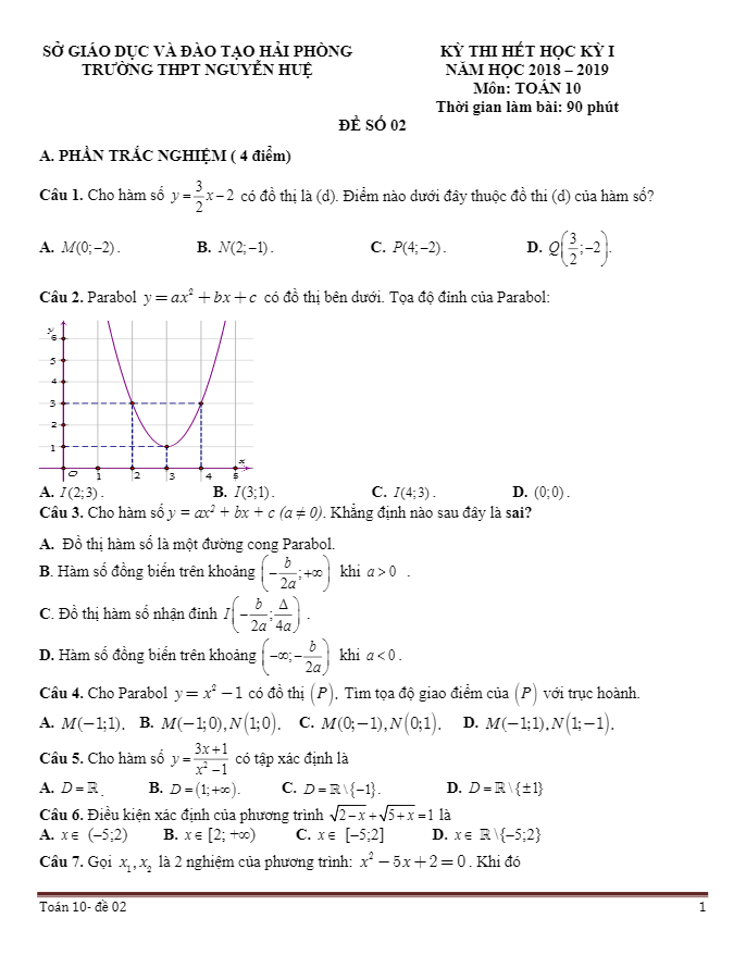 Đề thi hết học kì 1 (HK1) lớp 10 môn Toán năm 2018 2019 trường THPT Nguyễn Huệ Hải Phòng