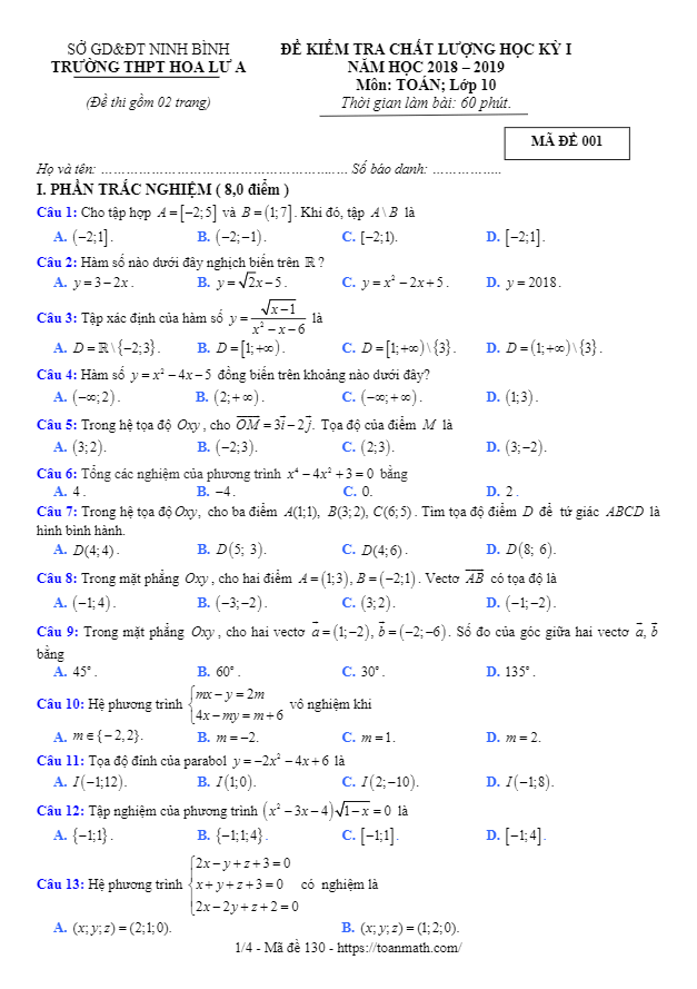 Đề thi HKI lớp 10 môn Toán năm học 2018 2019 trường THPT Hoa Lư A Ninh Bình
