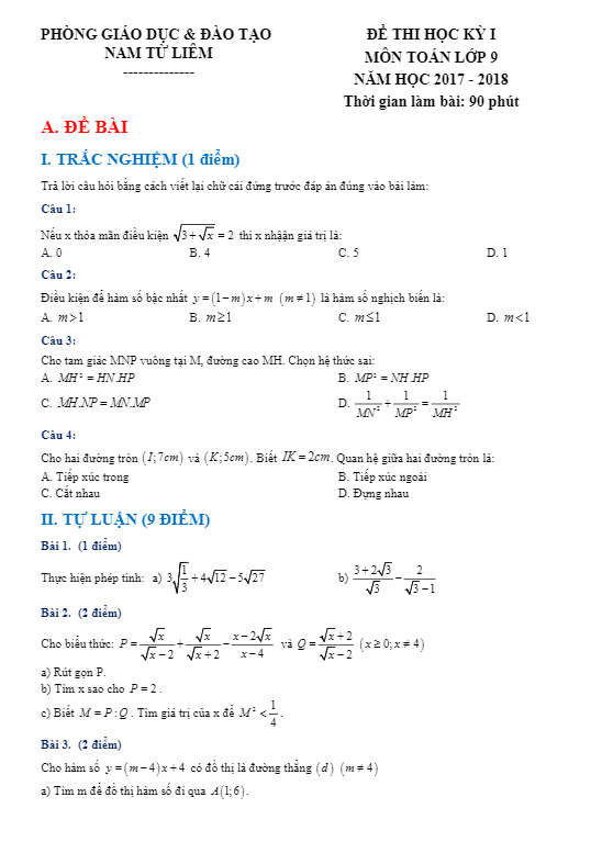 Đề thi HKI lớp 9 môn Toán năm học 2017 2018 phòng GD và ĐT Nam Từ Liêm Hà Nội