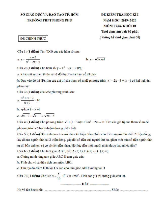 Đề thi học kì 1 (HK1) lớp 10 môn Toán năm 2019 2020 trường Phong Phú TP HCM