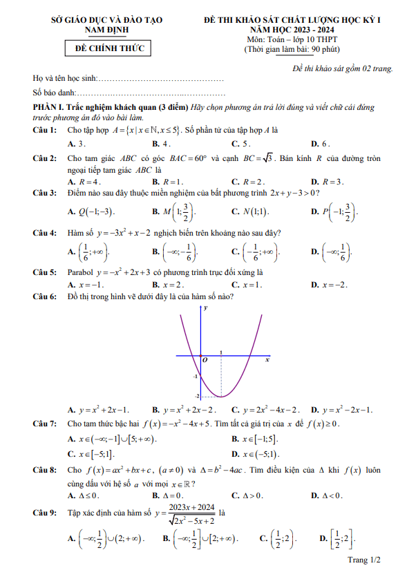 Đề thi học kì 1 (HK1) lớp 10 môn Toán năm 2023 2024 sở GD ĐT Nam Định
