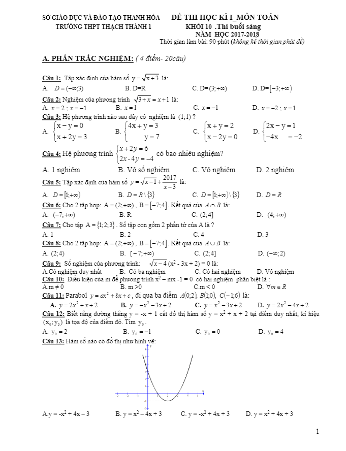 Đề thi học kì 1 (HK1) lớp 10 môn Toán năm học 2017 2018 trường THPT Thạch Thành 1 Thanh Hóa