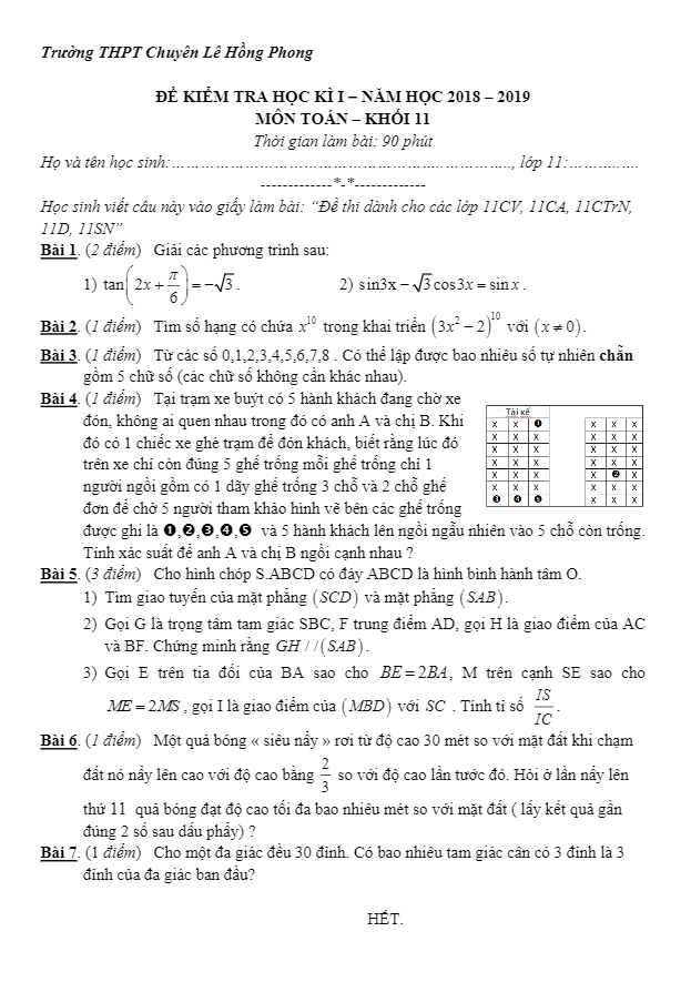 Đề thi học kì 1 (HK1) lớp 11 môn Toán năm 2018 2019 trường THPT chuyên Lê Hồng Phong TP. HCM