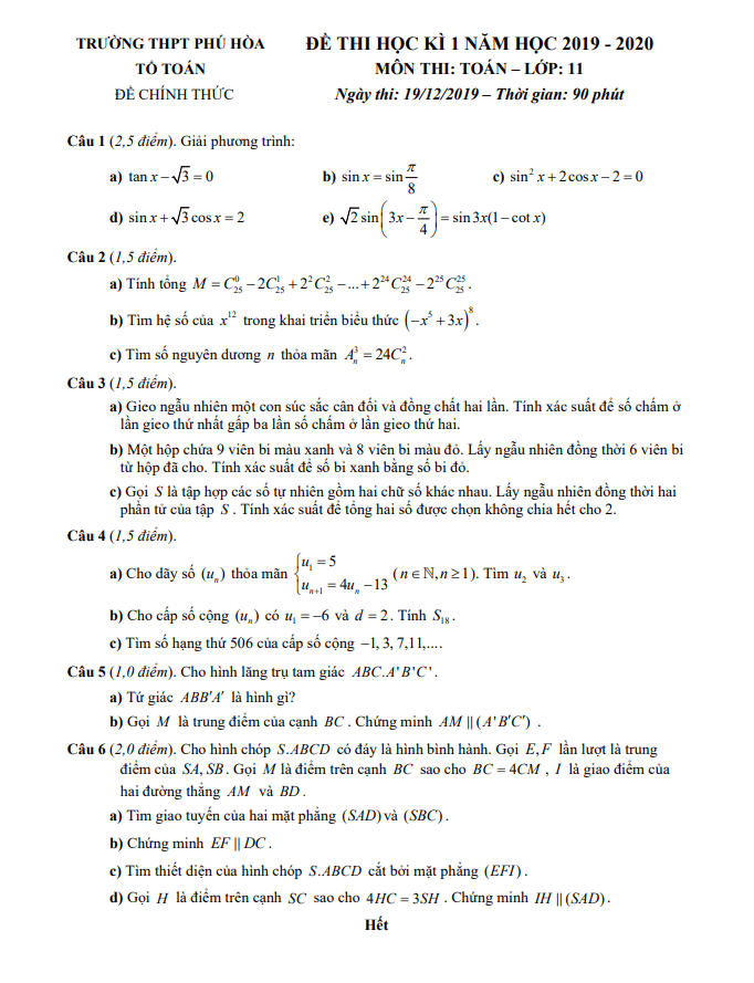 Đề thi học kì 1 (HK1) lớp 11 môn Toán năm 2019 2020 trường THPT Phú Hòa TP HCM