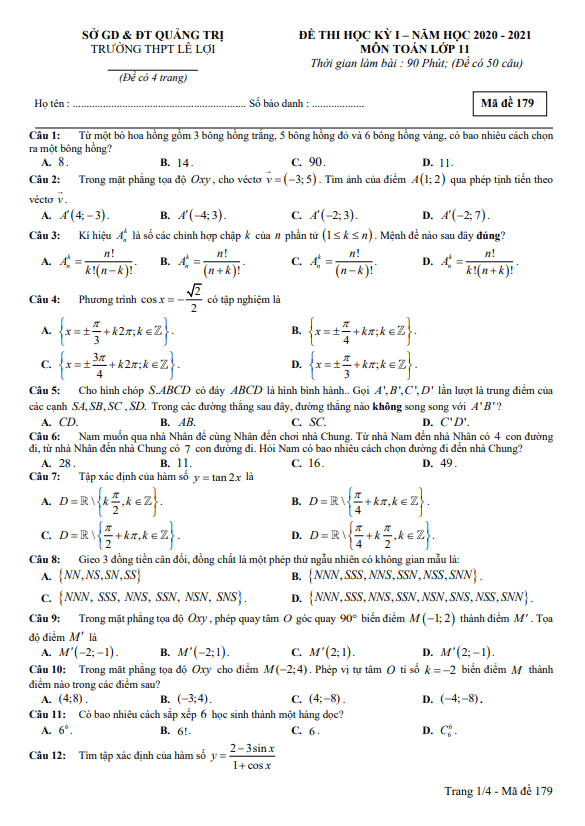 Đề thi học kì 1 (HK1) lớp 11 môn Toán năm 2020 2021 trường THPT Lê Lợi Quảng Trị