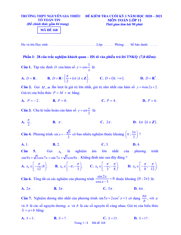 Đề thi học kì 1 (HK1) lớp 11 môn Toán năm 2020 2021 trường THPT Nguyễn Gia Thiều Hà Nội