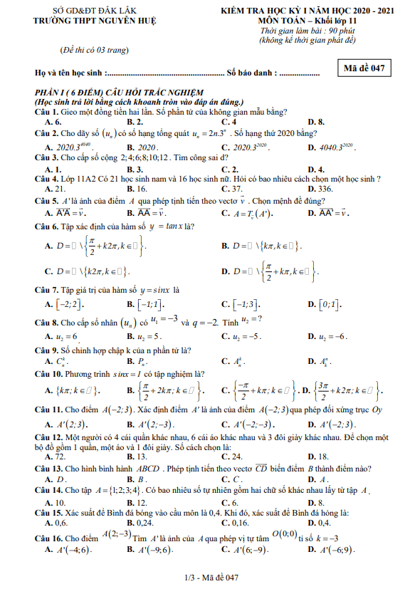 Đề thi học kì 1 (HK1) lớp 11 môn Toán năm 2020 2021 trường THPT Nguyễn Huệ Đắk Lắk