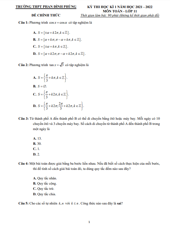 Đề thi học kì 1 (HK1) lớp 11 môn Toán năm 2021 2022 trường THPT Phan Đình Phùng Hà Nội