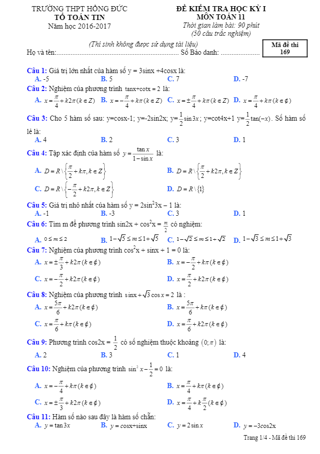 Đề thi học kì 1 (HK1) lớp 11 môn Toán năm học 2016 2017 trường THPT Hồng Đức Đăk Lăk
