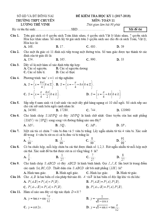 Đề thi học kì 1 (HK1) lớp 11 môn Toán năm học 2017 2018 trường THPT chuyên Lương Thế Vinh Đồng Nai