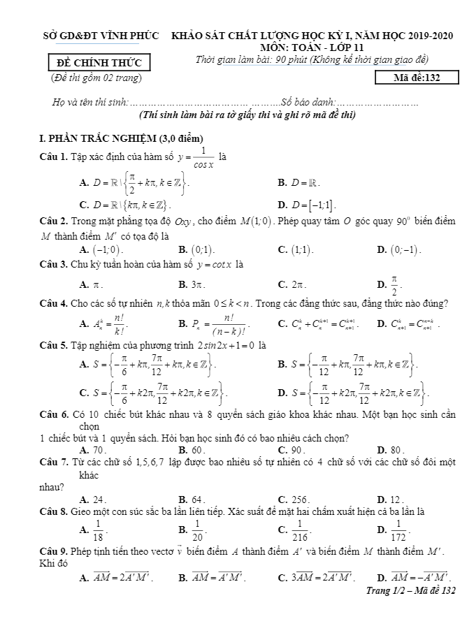 Đề thi học kì 1 (HK1) lớp 11 môn Toán năm học 2019 2020 sở GD ĐT Vĩnh Phúc